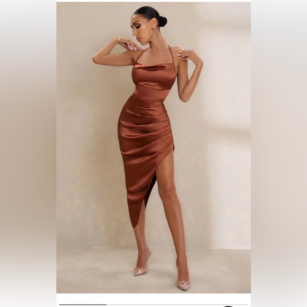 New Club L London Risk It All Rust Cami Neck Asymmetric Hem Midi Dress Size 10